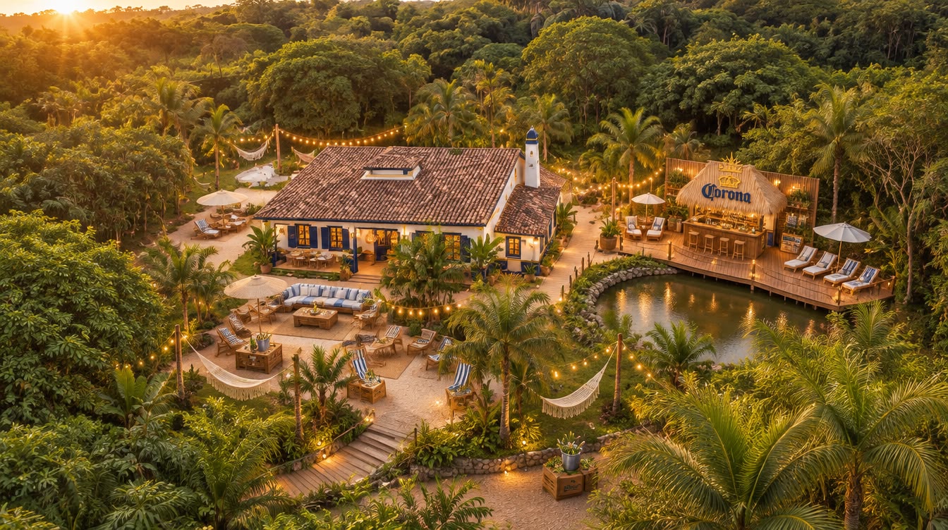 Jardim com sofás e área de sombra